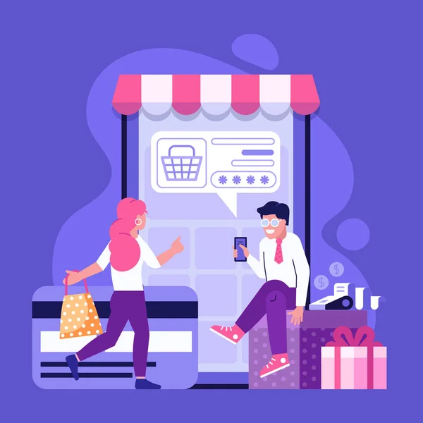 Concept de paiement en ligne avec les gens faisant du shopping en ligne — Image vectorielle