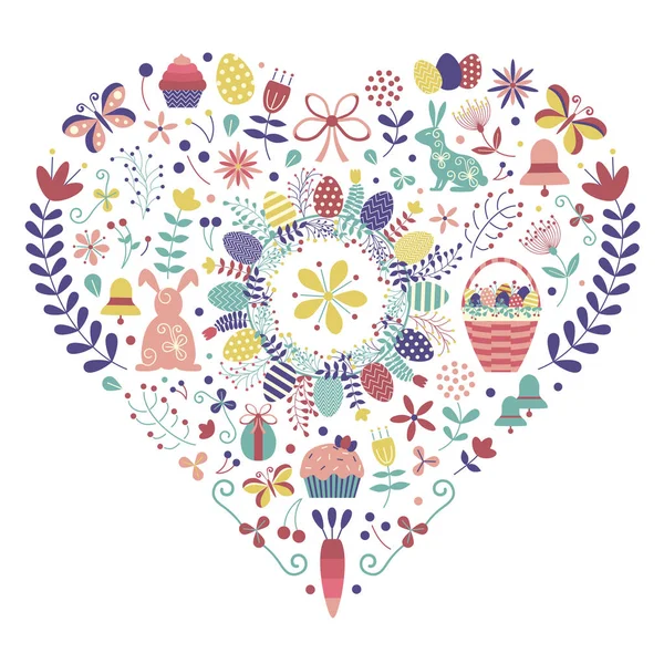 Éléments de Pâques en forme de coeur — Image vectorielle