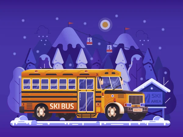 Amarillo autobús de esquí Shuttle en el fondo de invierno — Vector de stock