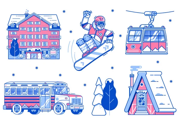 Icone ed elementi della stazione sciistica di montagna — Vettoriale Stock