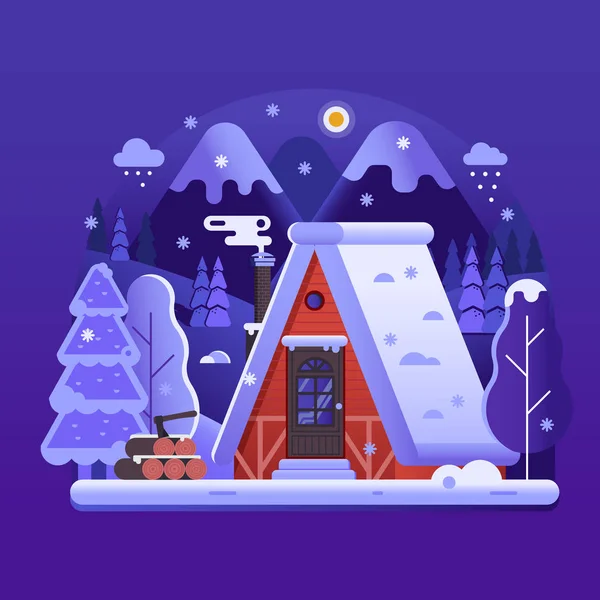 Casa de registro de invierno nevado en el bosque — Vector de stock