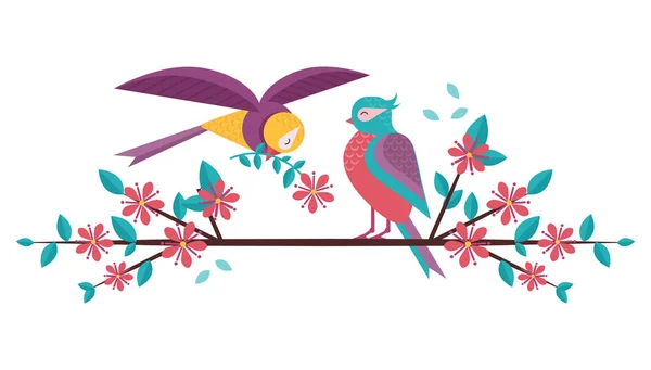 Pájaros de primavera Pareja en rama de árbol — Vector de stock