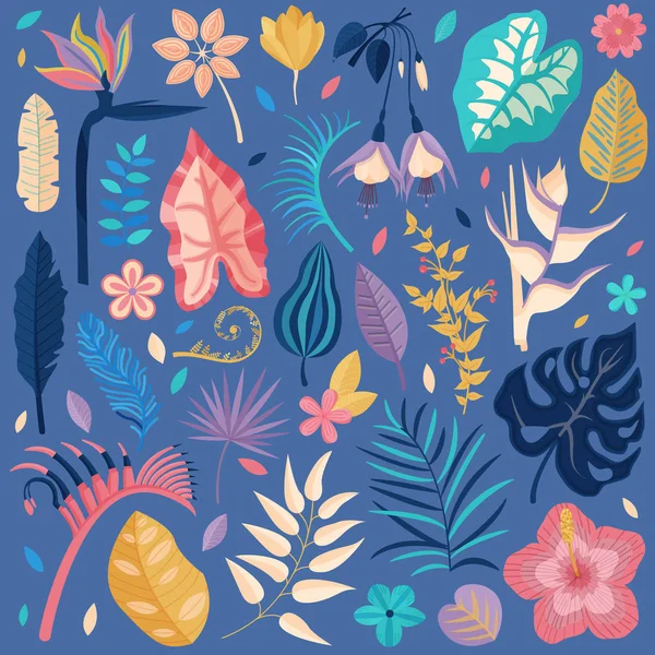 Exotic Tropical Flowers and Leaves Collection - Stok Vektor