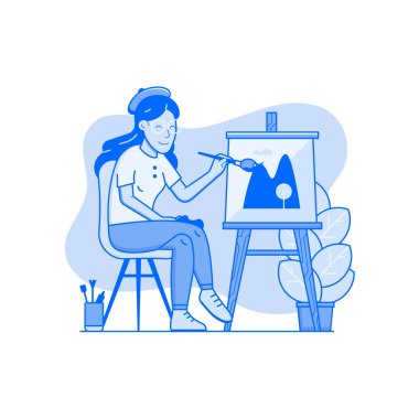 Genç kadın ressam çizim resim tuval üzerine