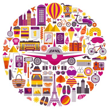 Daire şekli yaz seyahat simgeleri