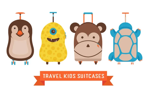 Maletas de viaje para niños con iconos de animales — Vector de stock