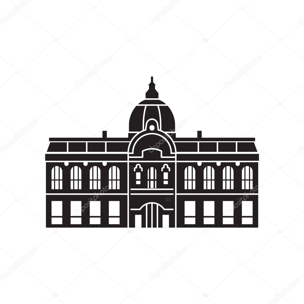 Prague Municipal house logo or label template outline design. City hall Obecni Dum icon.
