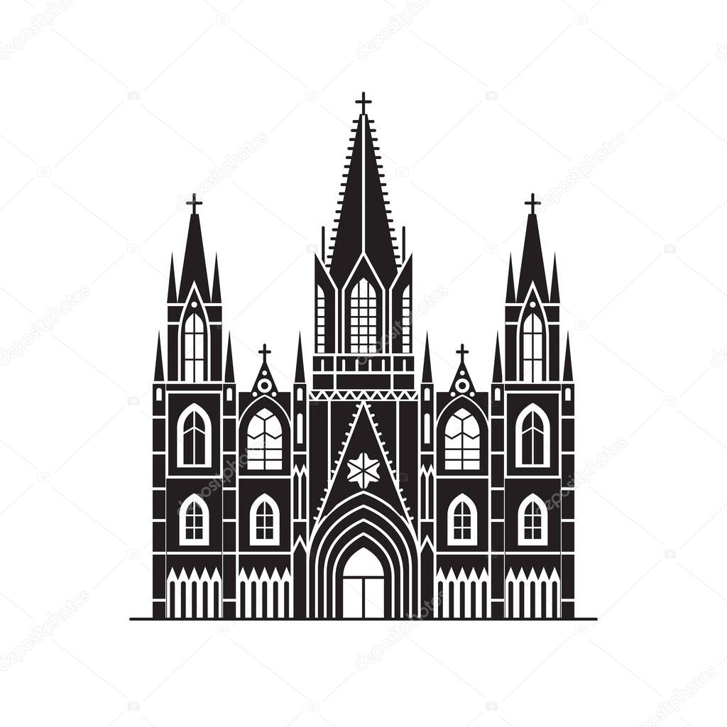 Travel Barcelona landmark icon. Gothic cathedral is famous tourist attraction in capital of Catalonia, Spain. Catholic church logo template in outline design.