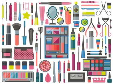 Make up and manicure tools icon set. Beauty products and makeup kit for home and salon treatment. Cosmetic stuff and accessories with palette, mascara, brushes, mirror, lipstick, sponges and eyeliner.