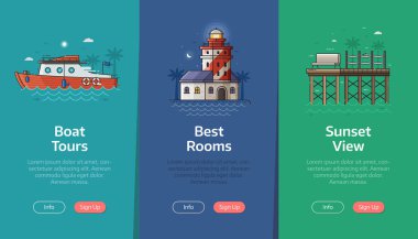 Sea vacation vertical banners for beach resort application. Summer traveling agency onboarding UI screens. Adventure on seaside coast scenes with boat, red lighthouse and ocean view spot.