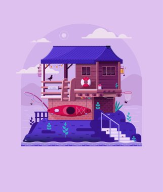 River Fisherman Wooden House on Lake clipart