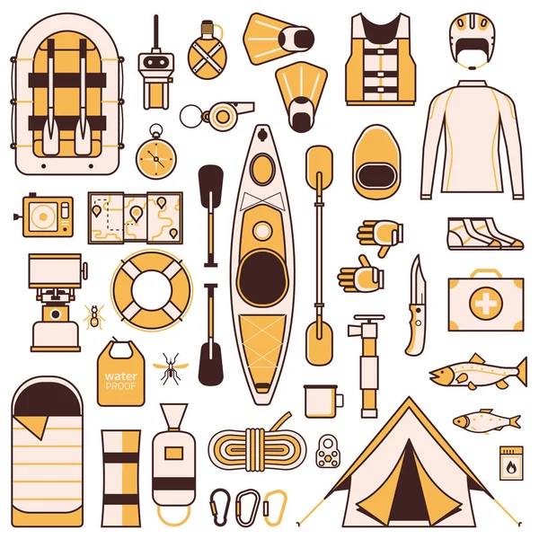 Rafting and Kayaking Design Elements in Line Art — Stock Vector