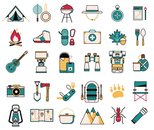 Camping and Hiking Wanderlust Line Art Icons — Stock Vector