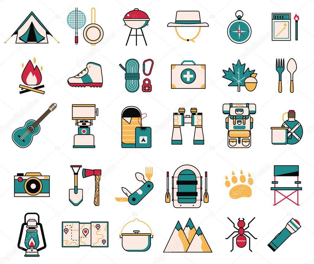 Camping and Hiking Wanderlust Line Art Icons