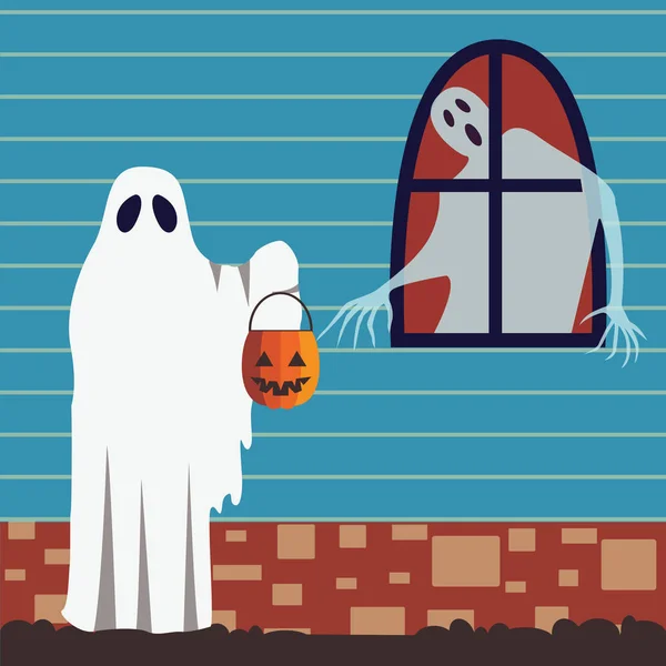 Cartão de Halloween com Trick or Treat Scene — Vetor de Stock