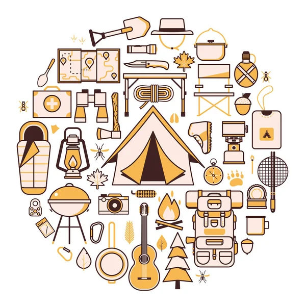 Camping and Hiking Wanderlust Icons Print Template — Stock Vector