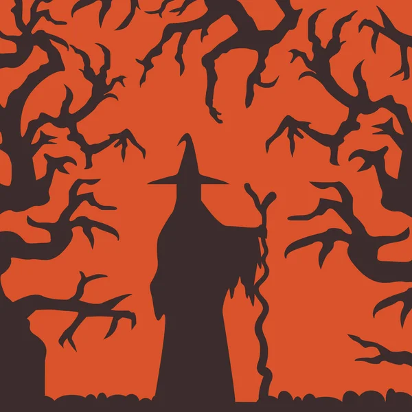 Silhueta de bruxa em pé na cena da floresta assombrada — Vetor de Stock
