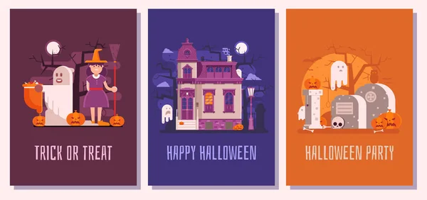 Tarjetas de fiesta de Halloween, carteles o conjuntos de invitación — Vector de stock