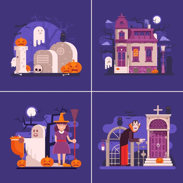 Banners planos de noche de Halloween con escenas de miedo — Archivo Imágenes Vectoriales