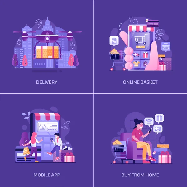 Escenas de anuncios de compras móviles y digitales en plano — Vector de stock