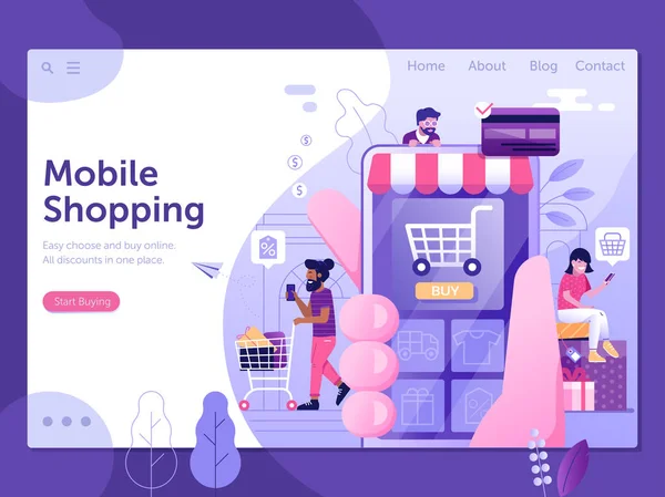 Plantilla de página de aterrizaje web de Mobile Shopping People — Vector de stock