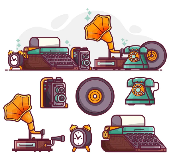Vintage Things and Objects Line Art Icons — Stock Vector
