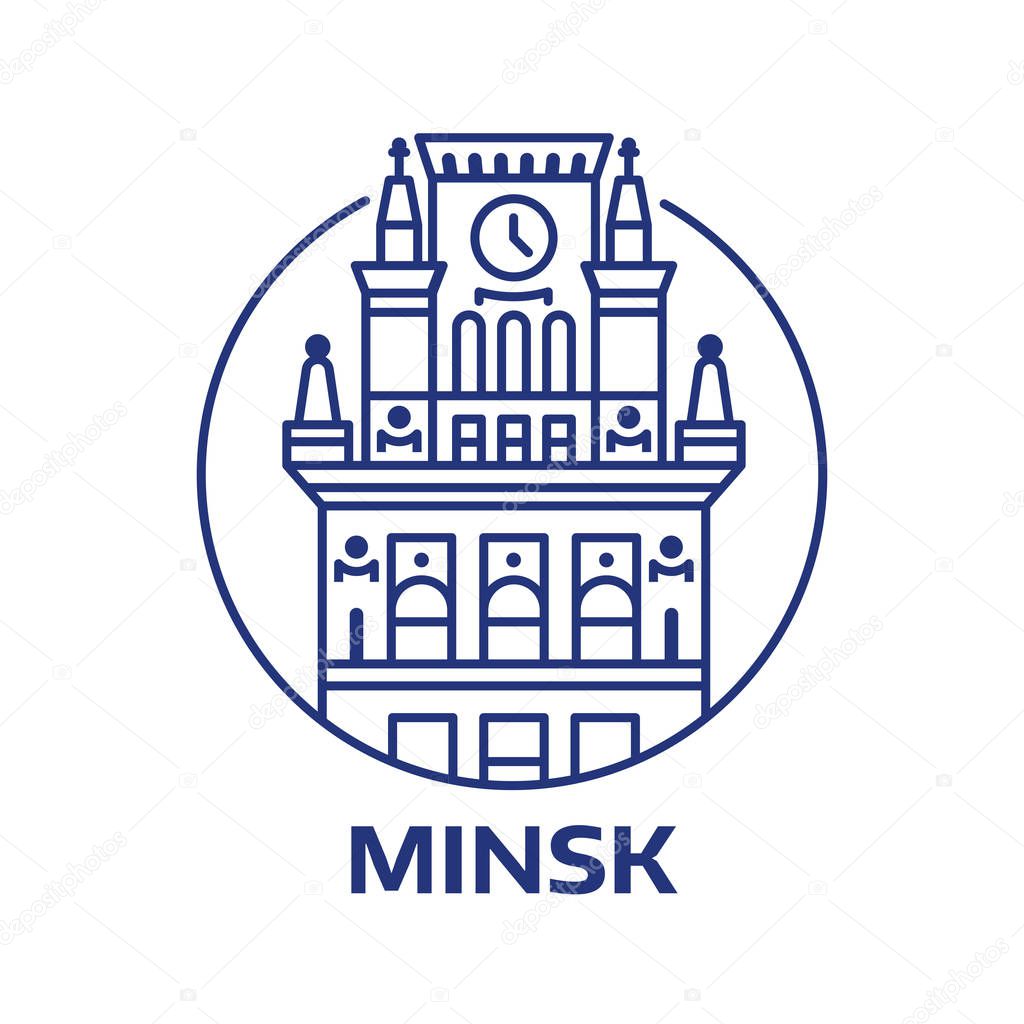 Minsk icon with on with twin towers stalinist architectural landmark in line art. Minsk City gates Belarus capital emblem or logo template with one of main tourist travel symbols.