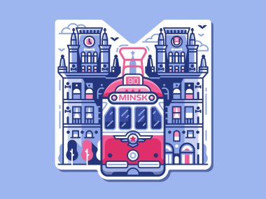 Minsk Şehri Kapıları ve Retro Tramvay Etiketi