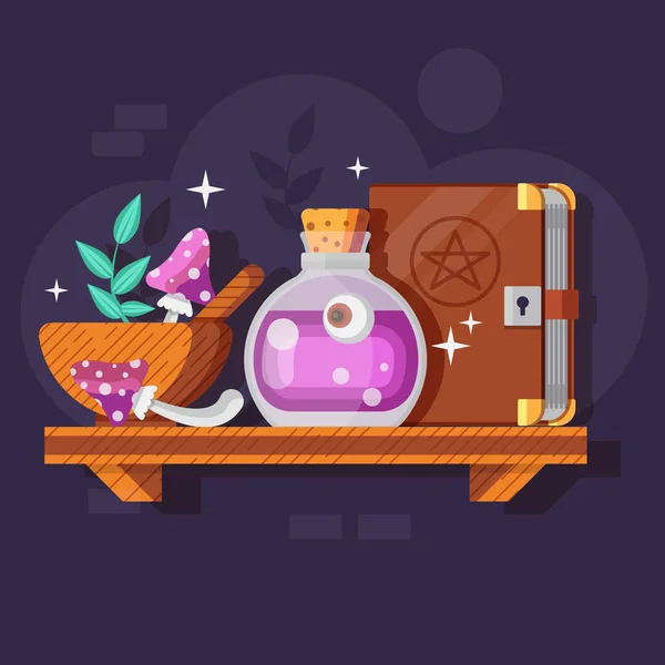 Bouteille de potion magique avec ingrédients et livre de sorts — Image vectorielle