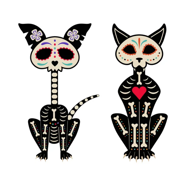 Mexicaanse Dag van Dode Kat en Honden Skeletten — Stockvector