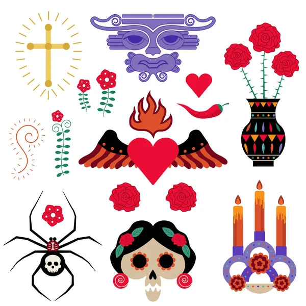 Conjunto de elementos de tatuagem ou adesivo mexicano —  Vetores de Stock