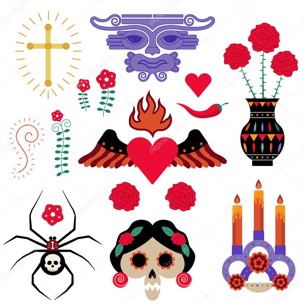 Mexican Tattoo or Sticker Elements Set