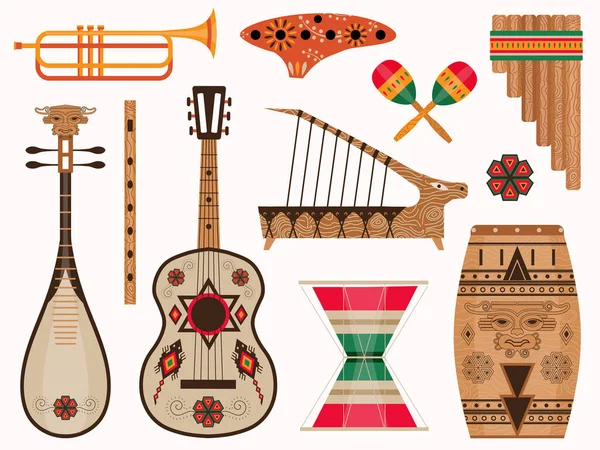 Aztekische und mexikanische ethnische Musikinstrumente Set — Stockvektor