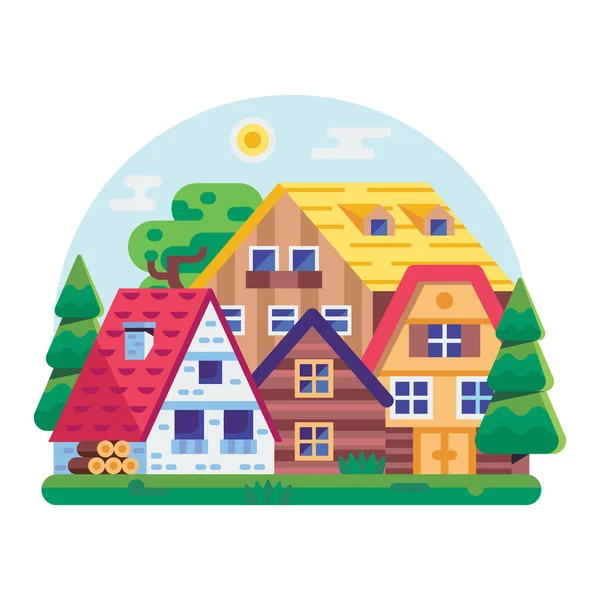 Eco Friendly District with Wooden Houses — Stock Vector