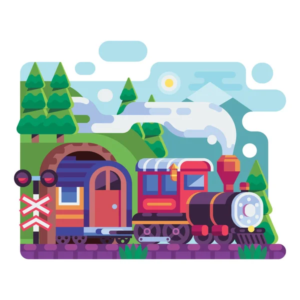 Old Retro Locomotive with Wagon on Mountains — Stock Vector