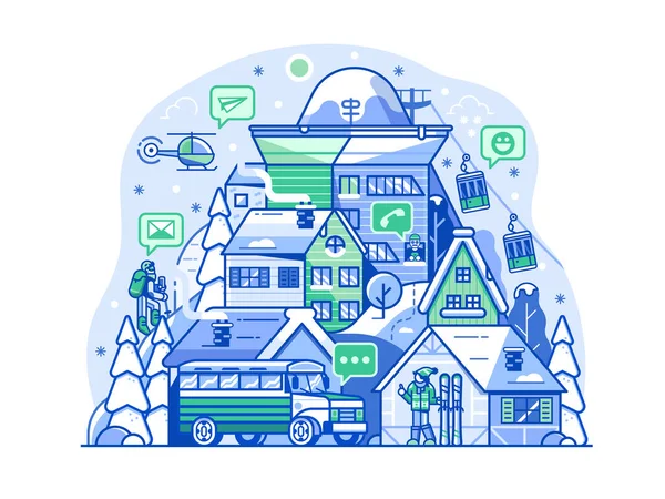 Illustration Web de réseautage de stations de ski dans Line Art — Image vectorielle