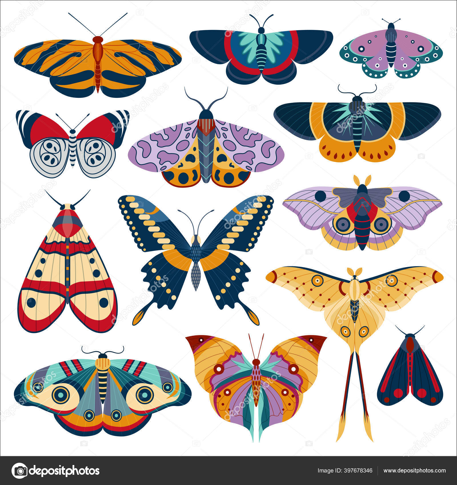 Tropischer Schmetterling und exotische Motte farbig Set Stock-Vektorgrafik  von ©krugli86@gmail.com 397678346