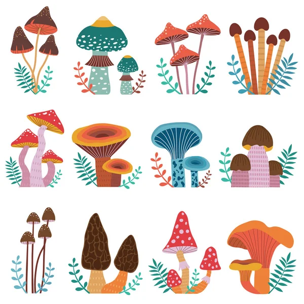 Karikatura lesní houby ručně kreslené ikony sada — Stockový vektor