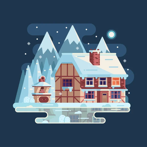 Vinter mysiga hus snöig scen i platt — Stock vektor