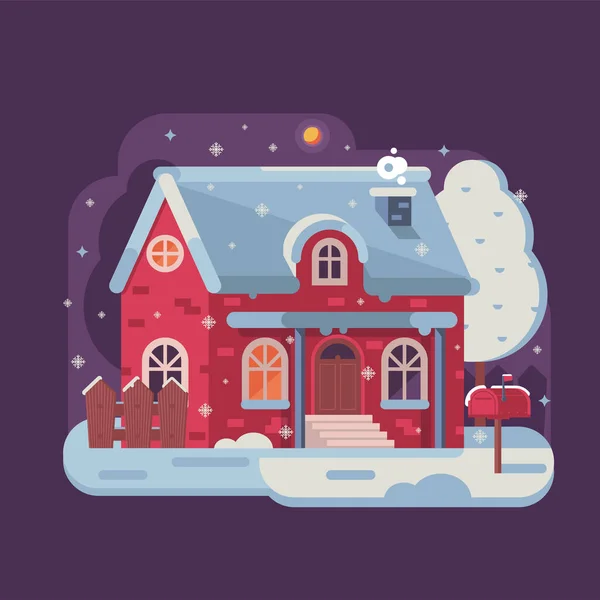 Casa acogedora invierno Escena nevada en piso — Vector de stock