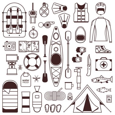 Rafting ve kano simgeleri. Nehir kamp dış tasarım elemanları. Rafting ekipmanları ve dişli düz simge seti. Tekne nehir yürüyüş aksesuarları. Çizgi sanatında kano macera gezisi koleksiyonu.