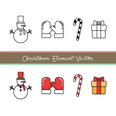 Noel süsleri ve kardan adam, yün eldiven ve hediye kutuları gibi bayram sembolleri.