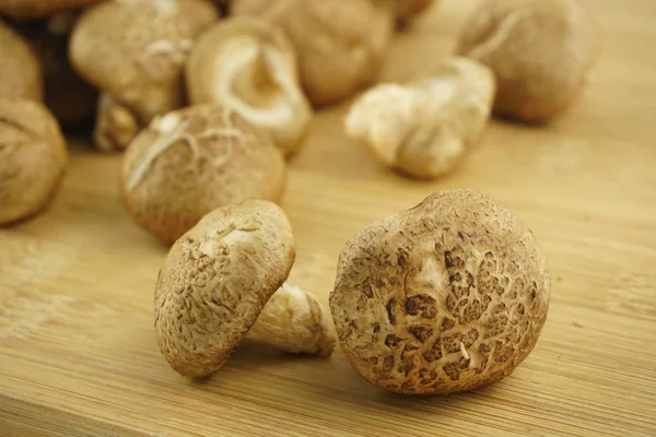 Fresh Shiitake Mushroom Wooden Background Food Preparation Selective Focus Lentinula — Stock Photo, Image