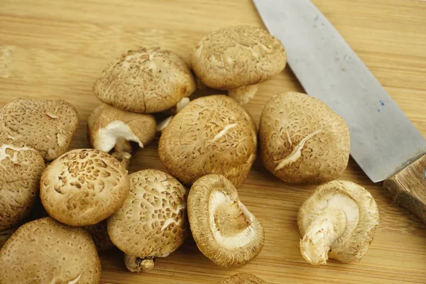 Fresh Shiitake Mushroom Wooden Background Food Preparation Selective Focus Lentinula — Stock Photo, Image