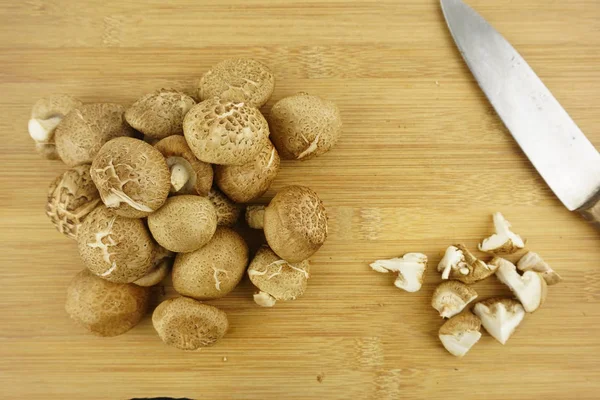 Fresh Shiitake Mushroom Wooden Background Food Preparation Selective Focus Lentinula — Stock Photo, Image