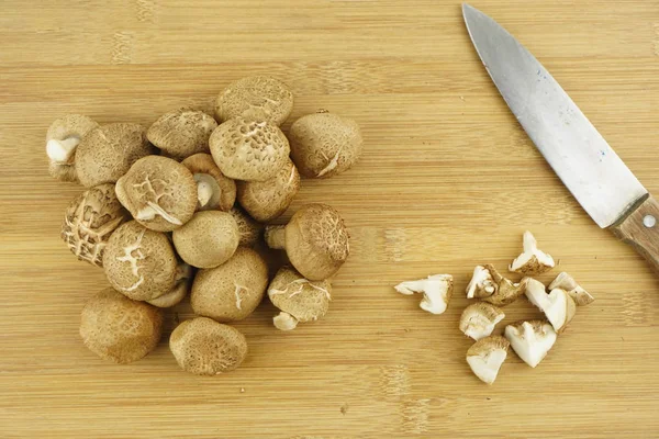 Fresh Shiitake Mushroom Wooden Background Food Preparation Selective Focus Lentinula — Stock Photo, Image