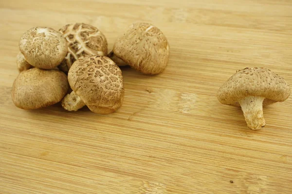 Fresh Shiitake Mushroom Wooden Background Food Preparation Selective Focus Lentinula — Stock Photo, Image