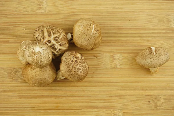 Fresh Shiitake Mushroom Wooden Background Food Preparation Selective Focus Lentinula — Stock Photo, Image