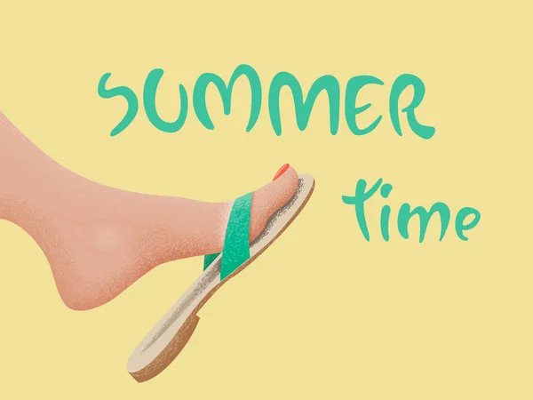Diseño de banner vectorial horario de verano con patadas bronceadas pie descalzo en sandalia en la playa. Ilustración vectorial — Vector de stock