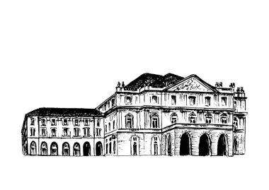 Teatro alla Scala. Milan Opera Binası, İtalya. Müzikal tiyatro. Vektör elle çizilmiş kroki çizim.